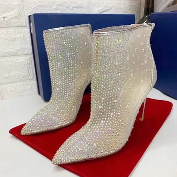 2022 Нови дамски ботильоны от окото на материал с кристали, луксозни дизайнерски обувки на висок ток, чубрица обувки за сватбеното парти с диаманти