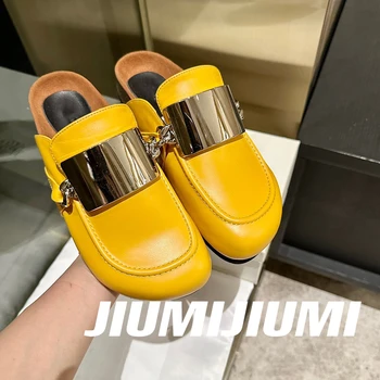 2023 JIUMIJIUMI/ най-Новите летни обувки-джапанки от естествена кожа, дамски чехли с метален Декор, чехли на равна подметка с кръгло бомбе, Botas Mujer