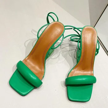 2023 Нови зелени дамски сандали с каишка на щиколотке, летни модни необичайни прозрачни обувки на висок ток, чубрица вечерни обувки с отворени пръсти 35-42