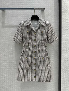 2023, пролет-есен луксозно бельо от висококачествени маркови ново дизайнерско твидовое рокля в клетка с къси ръкави, B681