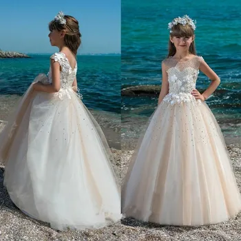 2023 Рокля с цветя модел за момичета на сватба, апликация от кристали, във, детско вечерна рокля, рокля за първо причастие, дълги детски костюми