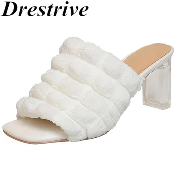 Drestrive/ 2023 Модни дамски сандали с отворена квадратни пръсти, специална дантела и прозрачни Чехли на висок дебел ток, лятна обувки