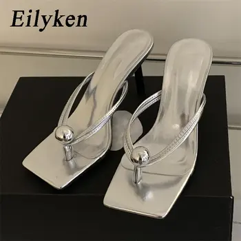 Eilyken/ нови модни джапанки с перли, дамски чехли, сандали на финия нисък ток с нитове, ежедневни чехли за отдих, лятна обувки