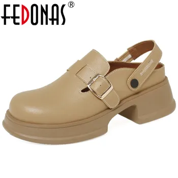 FEDONAS/ дамски обувки-лодка на платформата с кръгло бомбе, ежедневни дамски обувки от естествена кожа на дебелите обувки с катарама, сезон пролет-лято, популярно ново записване