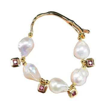 G-G Сладководни култивирани бели перли в стил барок, червен гривна с фианитами, естествени перли ръчна изработка, позлатени гривна, женски подаръци