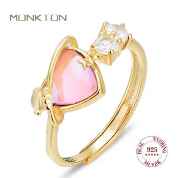 Monkton Стерлинговое сребро 925 проба със златно покритие Crowd Design Little Bear Дизайн Любовни пръстени за жени Открывающееся Регулируем пръстен Подарък 520