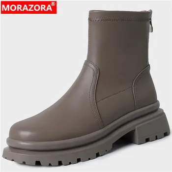 MORAZORA/Нов прием на 2022 година, модерни ботуши от естествена кожа с цип, дамски зимни ботильоны на дебел висок ток, популярна обувки