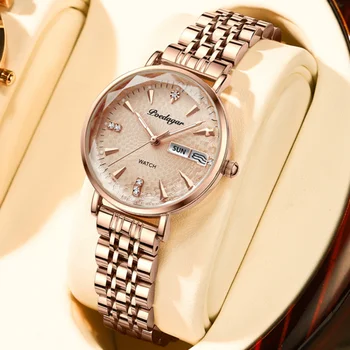 POEDAGAR Елегантни дамски часовници, Модни луксозни прости дамски ръчни часовници с мрежа от неръждаема стомана, водоустойчив светещи кварцов дамски часовници за жени