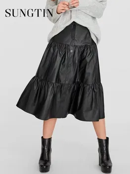 Sungtin, реколта черна пола, от изкуствена кожа, дамски поли трапецовидна форма, с висока талия и стегнато, дълга пола, пролет-есен, однотонная дамски дрехи Y2K