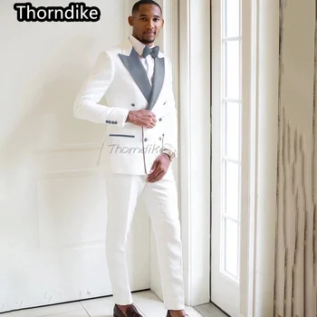 Thorndike, Сребристо-Сив Сатен, яка, Бял Жаккардовый Мъжки Сватбен костюм, Официално Монтиране Модерен Мъжки Блейзър, Вечерния Смокинг на поръчката, 2 Pi
