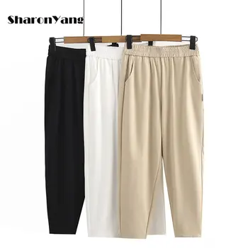 XL-4XL Летни панталони големи размери, дамски черни зреещи с висока талия, свободни широки панталони за мама