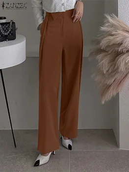 ZANZEA Елегантни дамски панталони Офис свободни с висока талия, асиметрична талия, широки панталони, всекидневни корейски модни дълги панталони с джобове