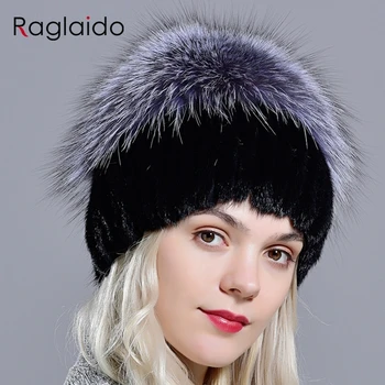 Дамска шапка от кожа на Норка, модерен зимни луксозни шапки от лисици с помпоном, дамски топли дебели стилни, елегантни възли шапки от естествена кожа