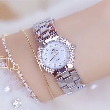 Дамски ръчен часовник, рокля, един златен часовник, часовници с кристали и диаманти, сребърни часовници е от неръждаема стомана, Montre Femme дамски часовници-гривни