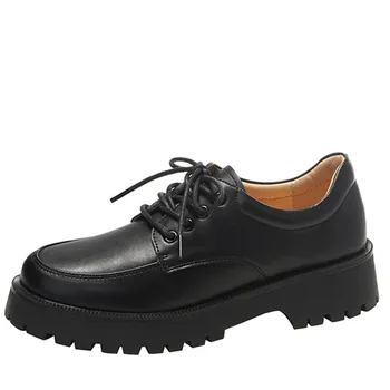 Ежедневни обувки на платформа от естествена кожа; сезон пролет-есен, дамски обувки-oxfords на равна подметка; черни кожени обувки с дантела-с кръгли пръсти; Zapatos Mujer