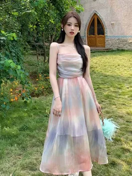 Жена лятно плажно дълга рокля с отворен гръб в корейски стил, без ръкави, фатиновое рокля-комбинация с принтом, елегантни и секси клубни вечерни дамски рокли