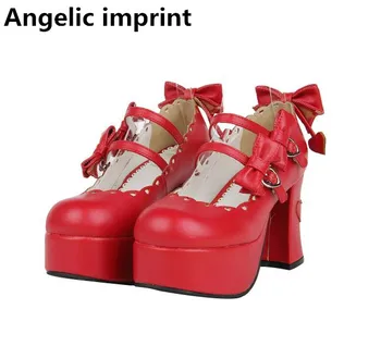 Жена отпечатък Ангел, обувки за cosplay mori момиче, Лолита, дамски обувки-лодка на висок ток, женствена рокля на принцеса сватба парти, червени обувки с пеперуда