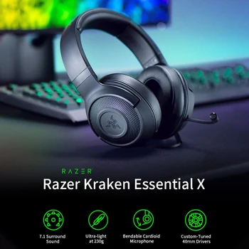Жичен детска слушалки Razer Kraken X Essential със съраунд звук 7.1 и точно позициониране, Ультралегкие ергономични слушалки за PC