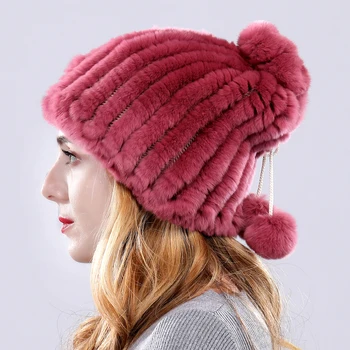 Зимна дамска шапка от естествена кожа заек Рекс ръчно плетени, шапки от естествена кожа, сменящи кърпичка, модерен кожа шал и шапка за 2 цели