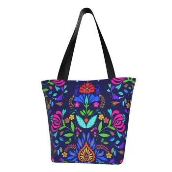 Изработена по поръчка народна мексико холщовая чанта за пазаруване в стил отпускного изкуство, дамски чанти за многократна употреба за пазаруване, цветни текстилни торбички за пазаруване с бродерия