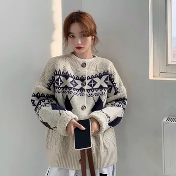 Корейски ретро жилетка в клетката, жакард в контрастен цвят, пуловер с дълъг ръкав и копчета, есен-зима, ежедневни свободна дамски дрехи Y2k