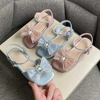 Летни сандали за момичета, страхотни бебешки плъзгачи с папийонка и перли, отворени пръсти, квадратен ток, сини, розови, красиви детски обувки 26-36