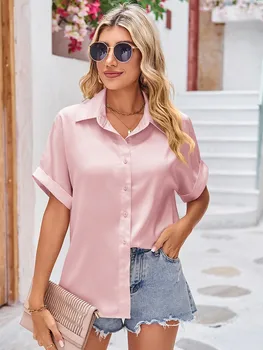 Летни сатенени блузи за жени 2023, отложной яка с къс ръкав, елегантен офис дамски ризи, ежедневни блузи големи размери, Върхове