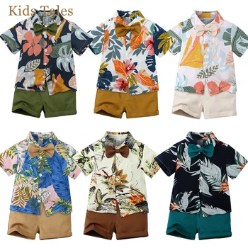 Лятно хавайско дрехи за малките момчета, детска риза с флорална папийонка + Шорти, джентълменско костюм копчета, джентълменско комплект с къс ръкав