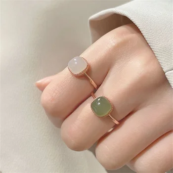 Модерен пръстен от сребро 925 проба за дама, регулируеми аксесоари за пръстите, Изключителна квадратно пръстен с нефрит, женски сватбени декорации