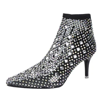 Модерни обувки на висок ток, дамски сандали на висок ток от вкара плат с остри пръсти и диаманти
