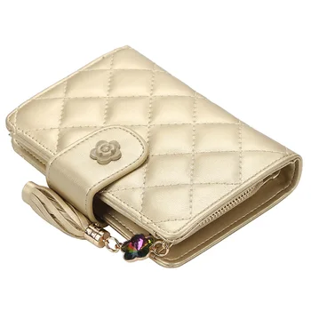 Модни кожени портмонета за жени, карирани кратък чантата си джоб, кесия със златни цветя с четка, трикратен дизайн, държач за карти, портфейл