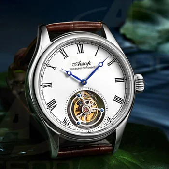 Мъжки часовник с виртуален скелет AESOP Tourbillon, луксозни механични водоустойчив ръчен часовник с ръчно от мъжки часовници с хронограф