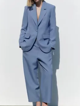 Нов женски костюм 2023 година на лигавицата от същия плат, с цип, на копчета, костюм директно намаляване, връхна дреха с висока талия, монтиране на краката Комплект панталон