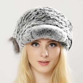 Нова дамска шапка от естествена кожа Заек, модни вязаная шапка от естествена кожа заек Рекс, топли зимни шапки от естествена кожа лисица, шапки