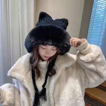 Нова Мода дамски зимни топла сладка шапчица-бини с кошачьими уши, женски възли на една кука шапки, шапка с панделка