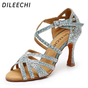 Обувки за латино танци DILEECHI, сини, блестящи женски обувки за балните танци, вечерни обувки за салса на висок ток 9 см