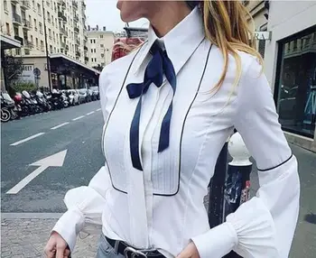 Офис блуза с папийонка, дамски ризи с бял вратовръзка-фенерче, ръкав-фенерче, копчета, Дамски елегантен работна риза, ежедневни блузи, новост пролетта 2021 г.