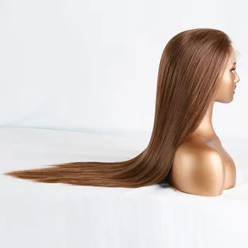 Перука от синтетична коса за дантели, смес от тъмно кафяв цвят, дълго пряко термостойкое влакна, натурална линия на растеж на косъма, без раздяла За жени