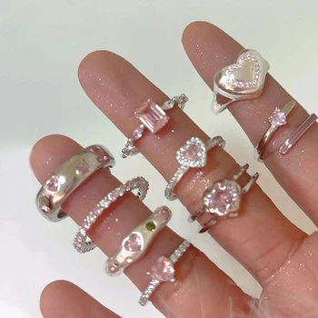 Пръстен с розови кристали с неправилна форма, във формата на сърце, творчески циркон, лък, опал, публично пръстен със сърце на любов, Y2K, блестящи пръстени за жени, вечерни украса