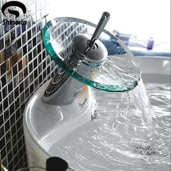 Стъклена водопад, смесител за мивка в банята с една дръжка, смесител за топла и студена вода кран на бортике, хром полиран
