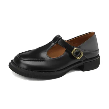 Т-образни обувки с катарама на кръгла главичката, дамски обувки-големи размери 32-43, обувки на плоска подметка, черни, кафяви дамски обувки без закопчалка