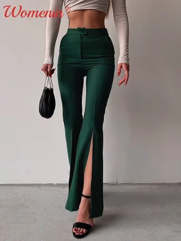 Зелени Женски разкроена панталони с цепка отпред 2023, пролетни тесни панталони с висока Талия, Дамски ежедневни елегантни обикновен дамски панталони с копчета