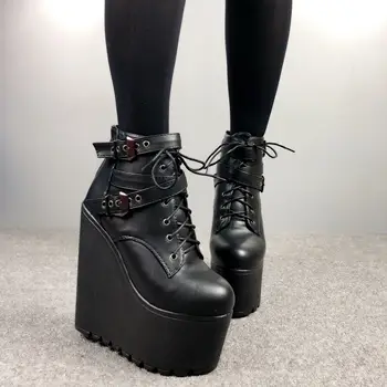 2022, есенно-зимни нови дамски обувки на танкетке 16 см, уголемени къса нескользящие обувки за диджеи, ботуши на платформа