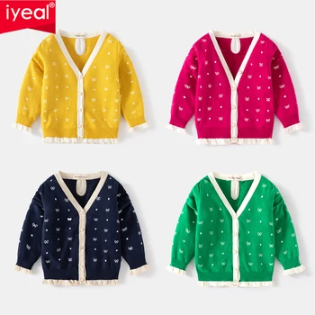 IYEAL, детски пуловер с хубав нос, однобортный памук пуловер, пролетта жилетка с v-образно деколте за момичета, пуловер