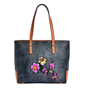 Дамска Чанта от естествена кожа, чанти-тоут, чанти-незабавни посланици с цветя модел от естествена телешка кожа, чанти с горната дръжка