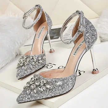 Дамски Летни сандали на висок ток 9,5 см, с каишка и кристали, дамски лъскави обувки-лодка с пайети, сватбени сандали, блестящи златисто-сребърни обувки