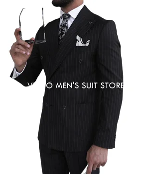 Дишащи, леки бизнес костюми, ушити по поръчка/Мъжки костюми по поръчка / Мъжки тънък сватбен комплект в черна ивица / сако + панталон