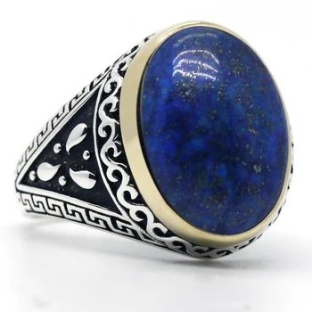 Мъжки пръстен със синьо естествен камък, сребро 925 проба, винтажное пръстен от цели сребро с лазуритом за мъже, Дамски бижута подарък на съпруга си