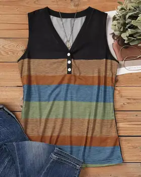 Нова мода 2023, ежедневни лятна риза без ръкав райе с цветни блокове и бутони, ежедневни тениски, пуловери, дамски блузи