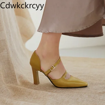 Пролетно-есенен дамски обувки на висок ток в европейски стил, с остри пръсти, елегантен дамски обувки в стил ретро с катарама на дебелите обувки с токчета с височина 8 см